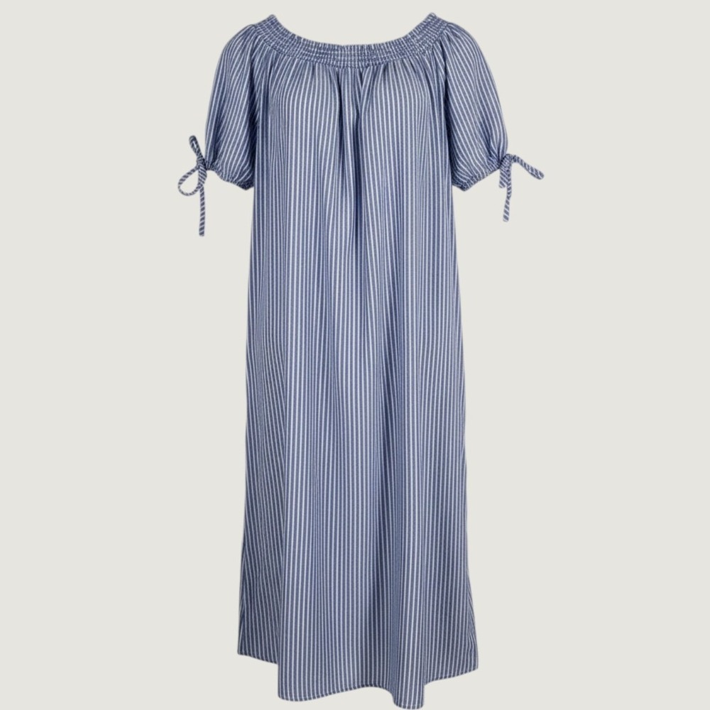 Terra & Sky Shift Dress Women 0X Blue Striped Cotton Smocked Neck Tie Sleeve